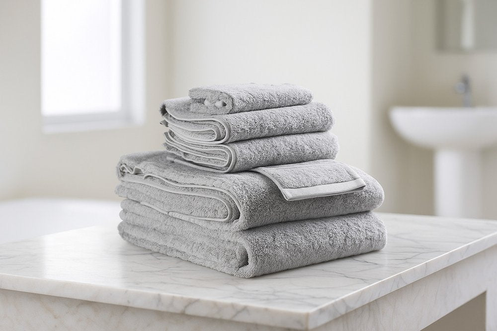 Set of Six Light Gray Cotton Quick Dry Terry Cloth Towels