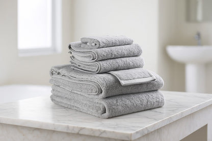 Set of Six Light Gray Cotton Quick Dry Terry Cloth Towels