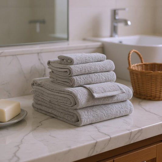 Set of Six Light Gray Cotton Quick Dry Terry Cloth Towels