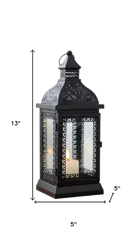 13" Clear And Black Glass And Metal Tabletop Lantern Candle Holder