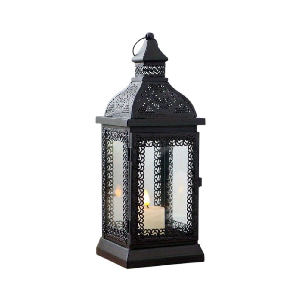 13" Clear And Black Glass And Metal Tabletop Lantern Candle Holder