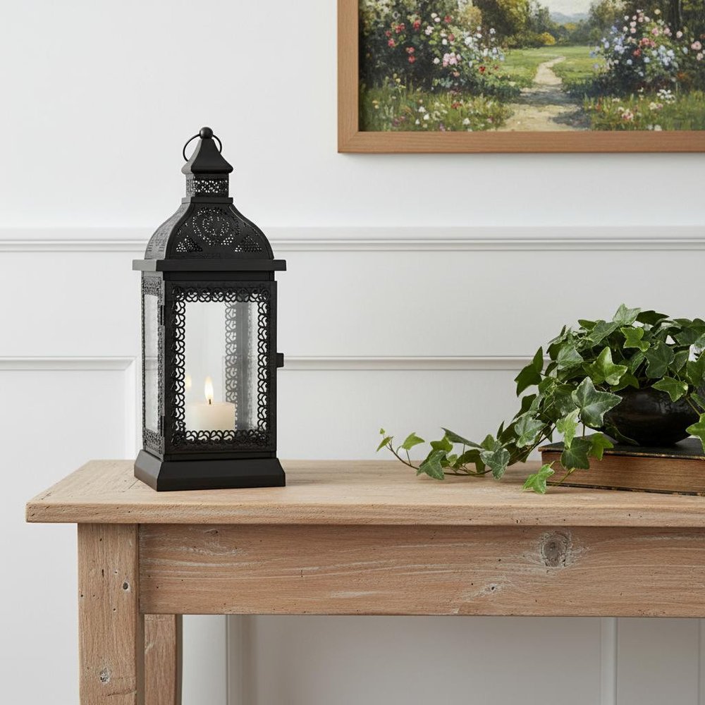 13" Clear And Black Glass And Metal Tabletop Lantern Candle Holder
