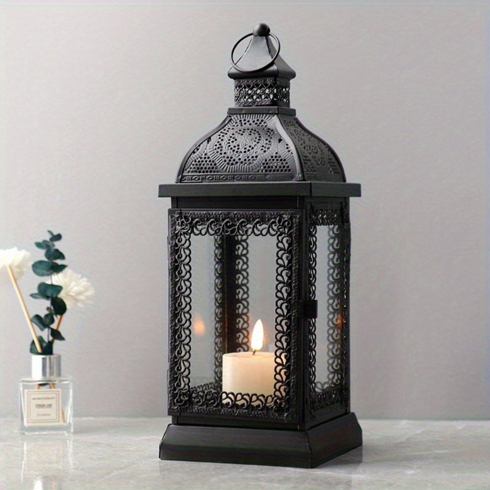 13" Clear And Black Glass And Metal Tabletop Lantern Candle Holder
