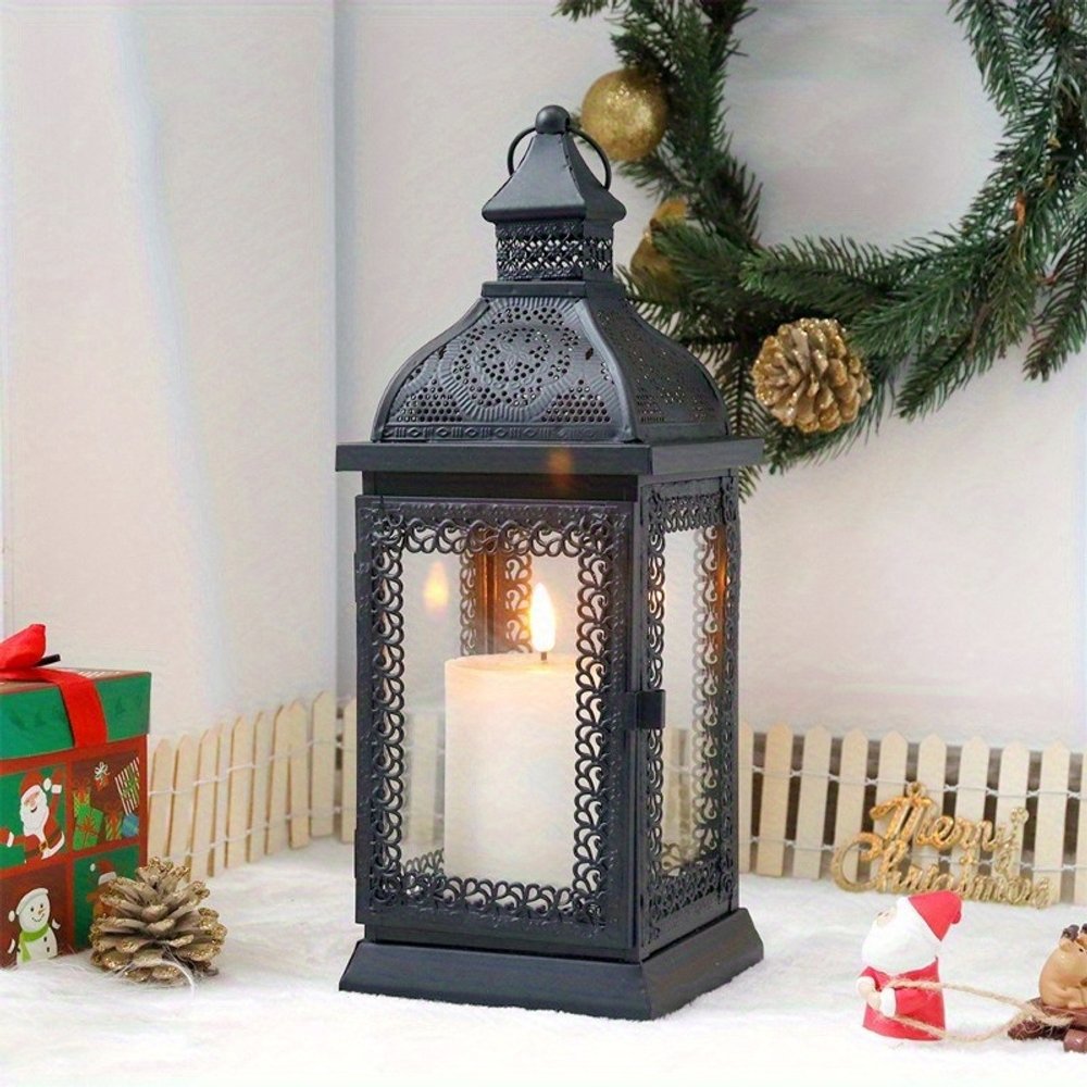 13" Clear And Black Glass And Metal Tabletop Lantern Candle Holder