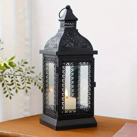13" Clear And Black Glass And Metal Tabletop Lantern Candle Holder