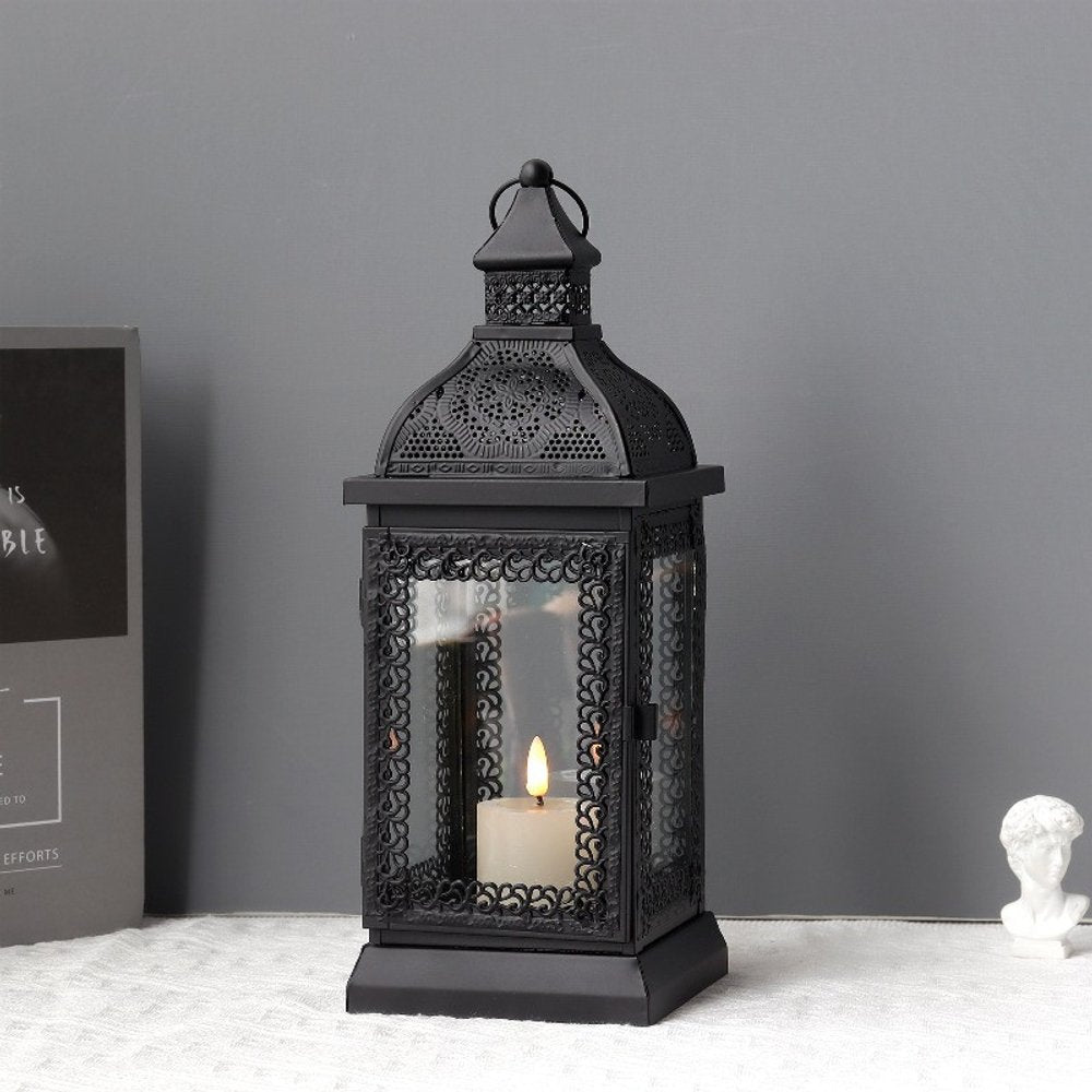 13" Clear And Black Glass And Metal Tabletop Lantern Candle Holder