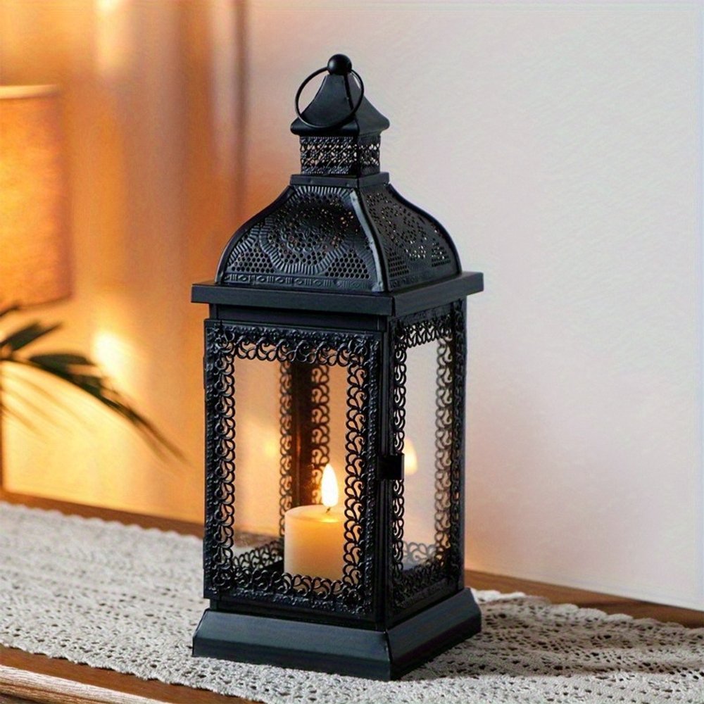 13" Clear And Black Glass And Metal Tabletop Lantern Candle Holder