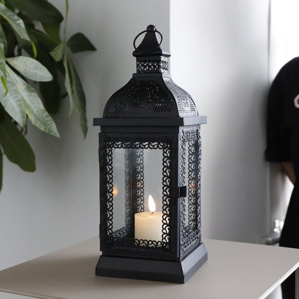 13" Clear And Black Glass And Metal Tabletop Lantern Candle Holder