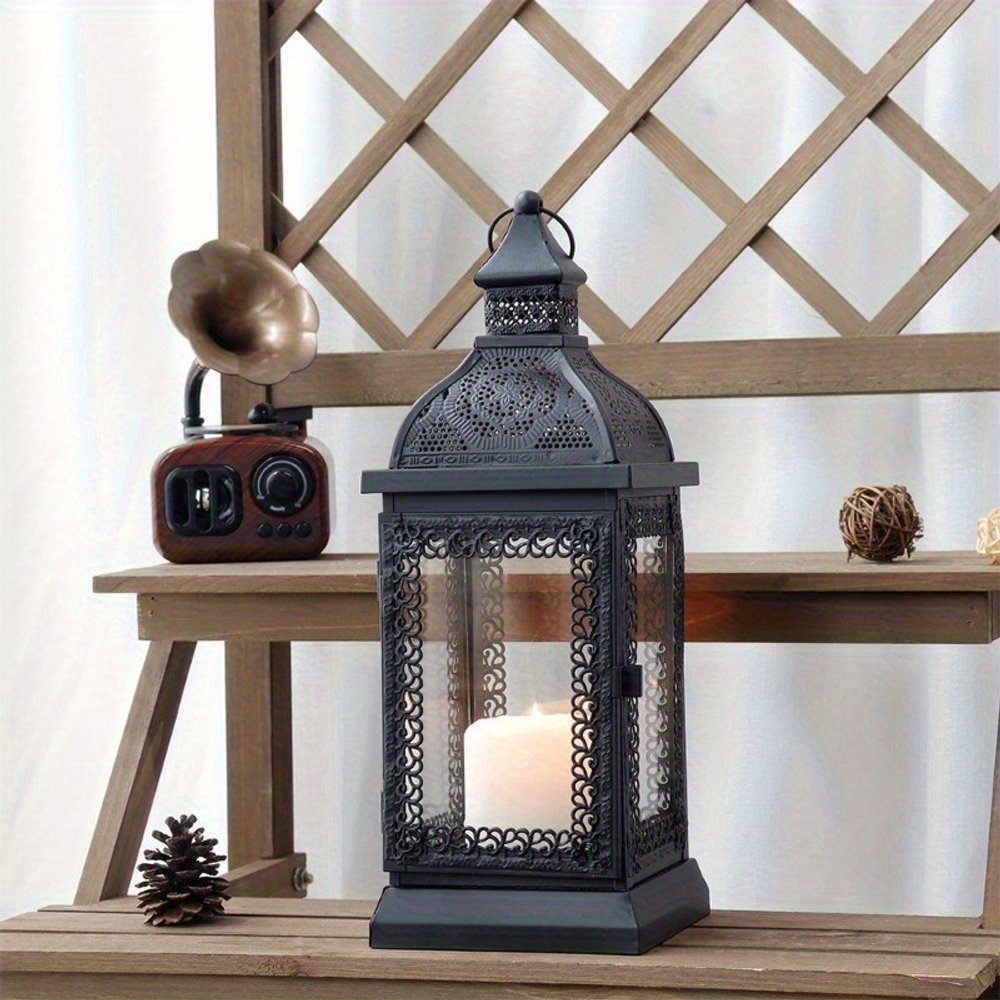 13" Clear And Black Glass And Metal Tabletop Lantern Candle Holder