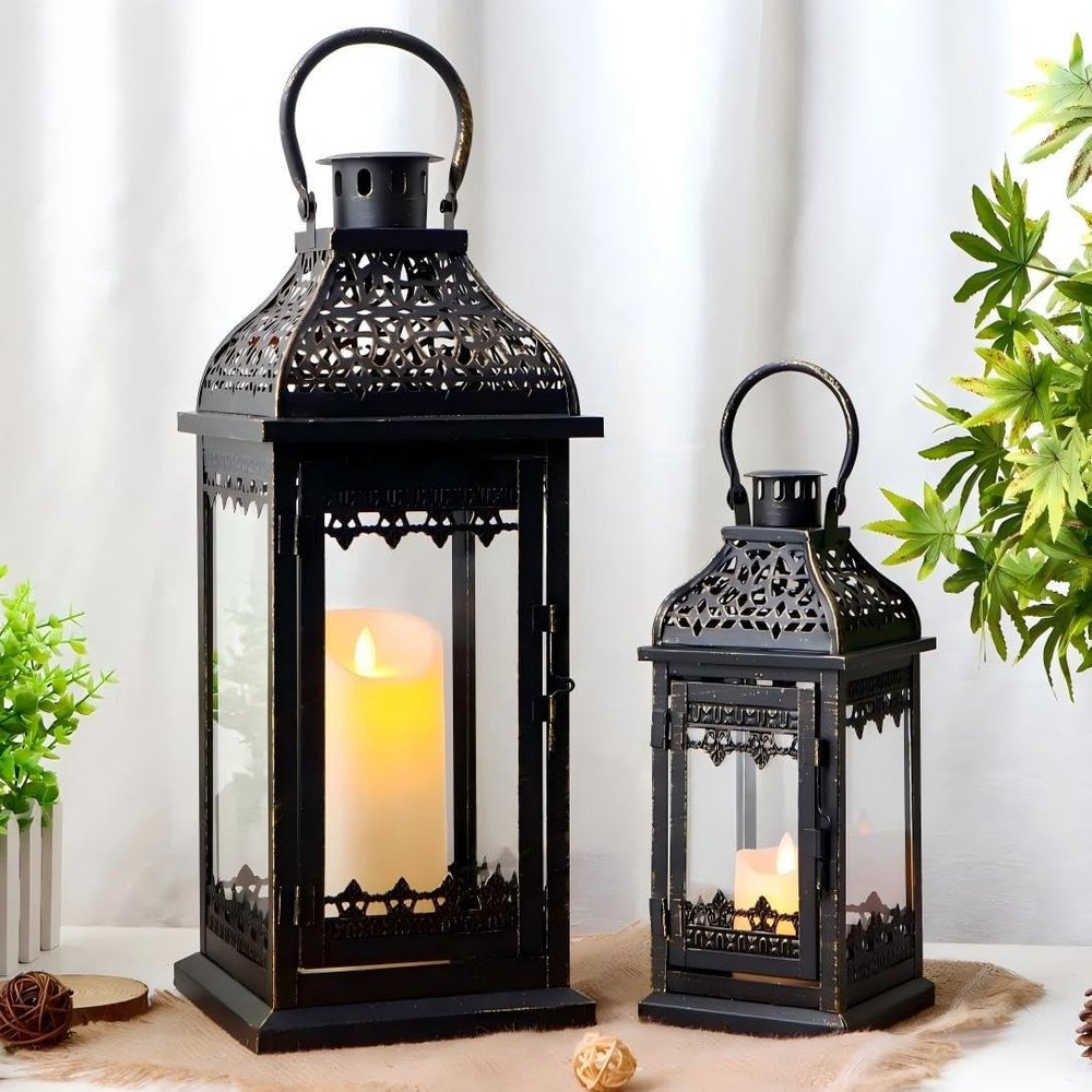 20" Black Glass Tabletop Lantern Candle Holder