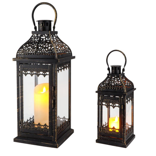 Set of Two Clear And Black Glass And Metal Tabletop Lantern Candle Holders