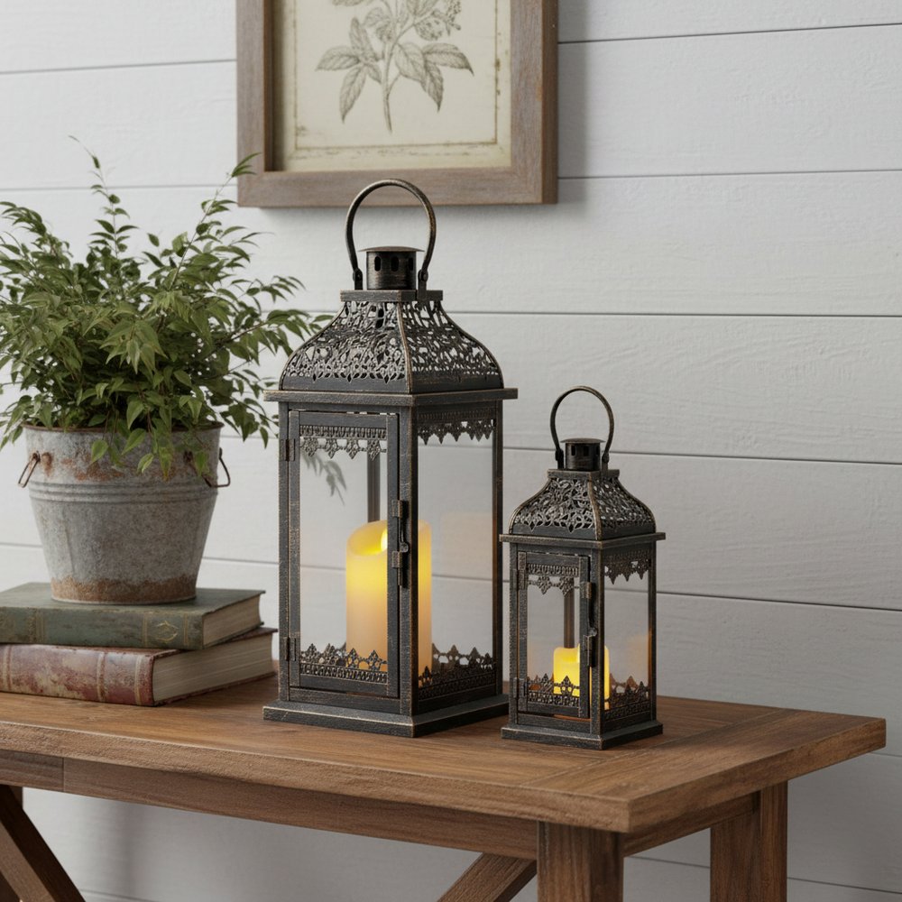 Set of Two Clear And Black Glass And Metal Tabletop Lantern Candle Holders