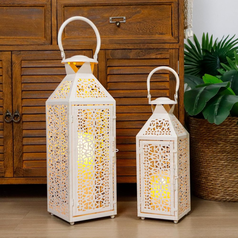 Set of Two White Filigree Metal Tabletop Lantern Candle Holders