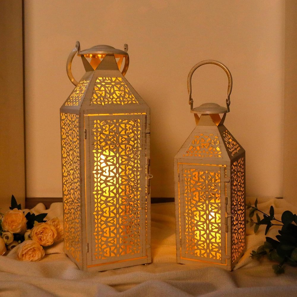 Set of Two White Filigree Metal Tabletop Lantern Candle Holders