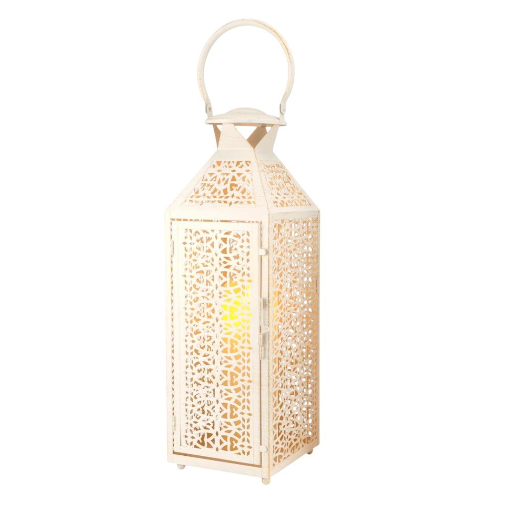 Set of Two White Filigree Metal Tabletop Lantern Candle Holders