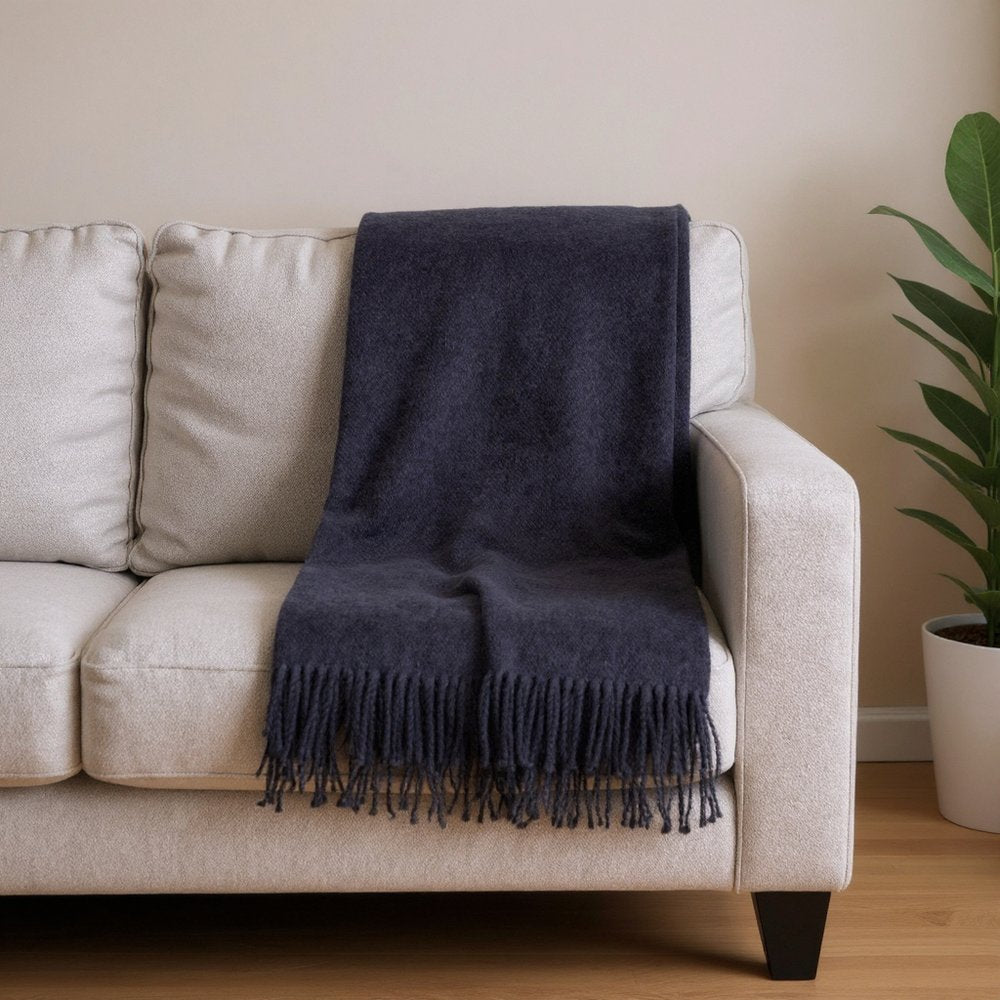 55" X 77" Navy Blue Cotton Blend Woven Plush Throw Blanket with Fringe