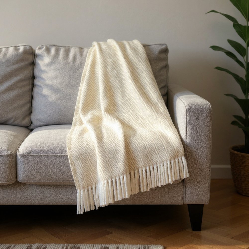 55" X 77" Linen And White Cotton Blend Herringbone Throw Blanket with Fringe