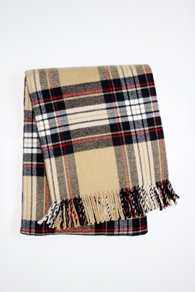 55" X 77" Camel Black Red And White Cotton Blend Plaid Throw Blanket with Fringe