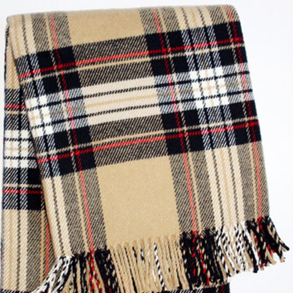55" X 77" Camel Black Red And White Cotton Blend Plaid Throw Blanket with Fringe