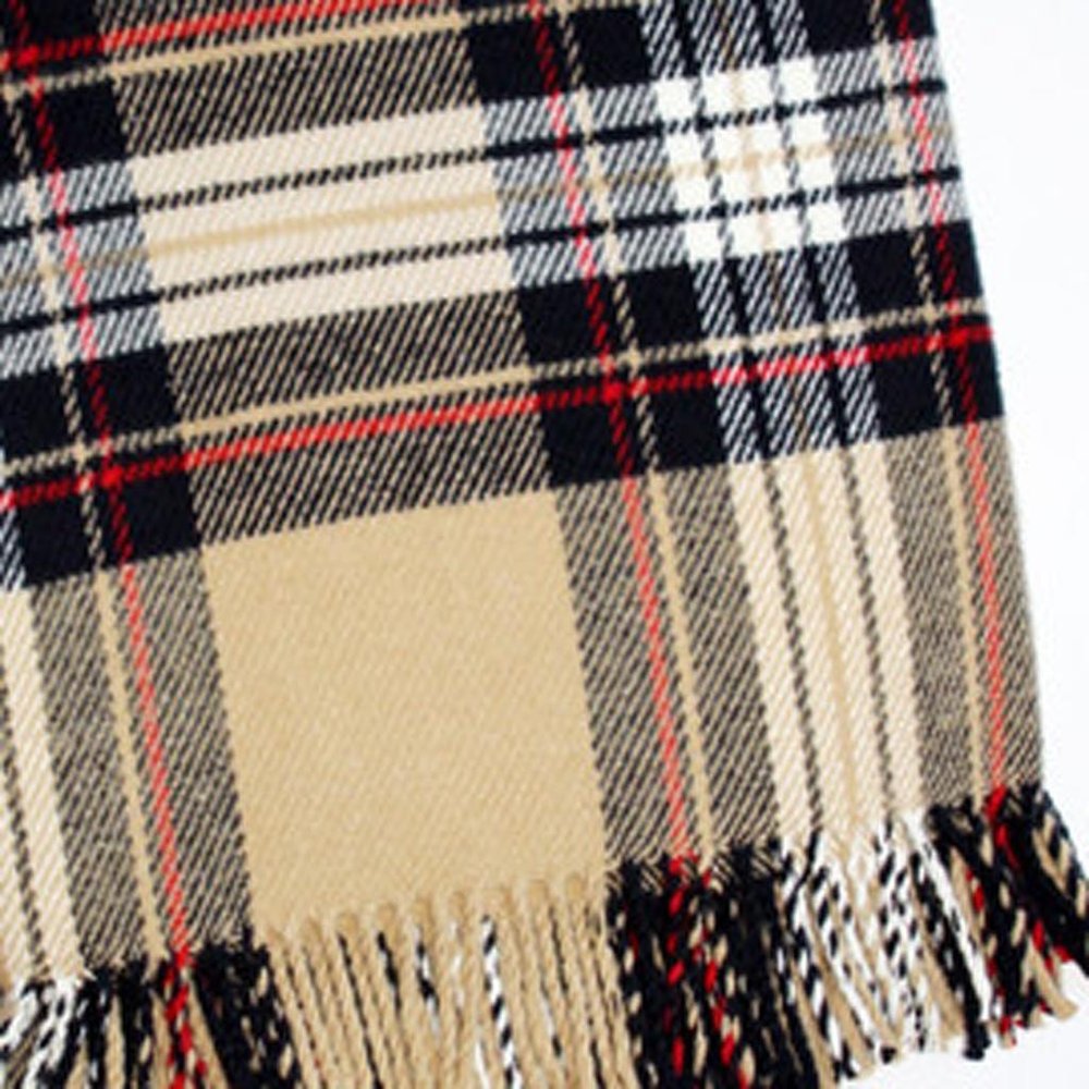 55" X 77" Camel Black Red And White Cotton Blend Plaid Throw Blanket with Fringe