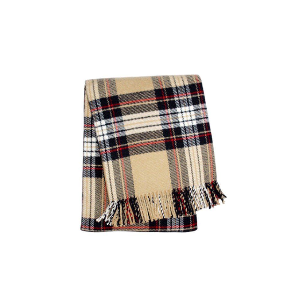 55" X 77" Camel Black Red And White Cotton Blend Plaid Throw Blanket with Fringe