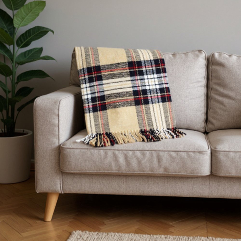 55" X 77" Camel Black Red And White Cotton Blend Plaid Throw Blanket with Fringe