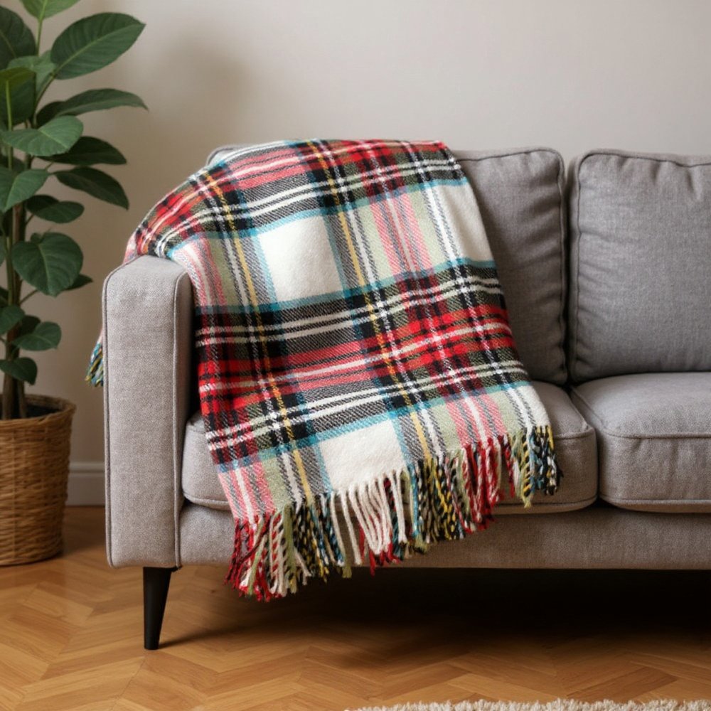 55" X 70" Black Red And White Plaid Cotton Blend Plush Throw Blanket with Fringe