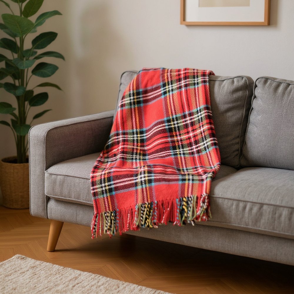 55" X 70" Red Black And White Plaid Cotton Blend Plaid Throw Blanket with Fringe