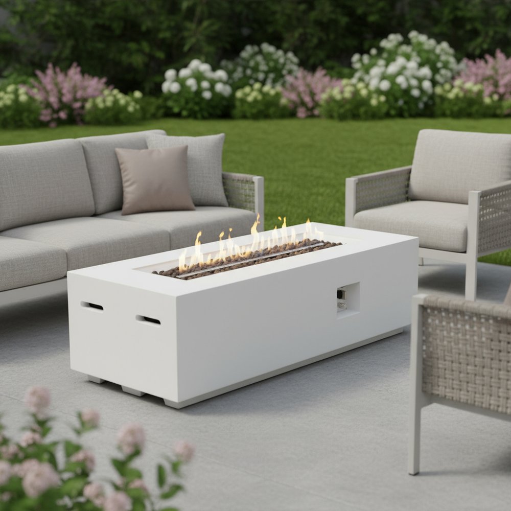 60000 BTU 60" White Magnesium Oxide Propane Rectangular Fire Pit Table With Cover