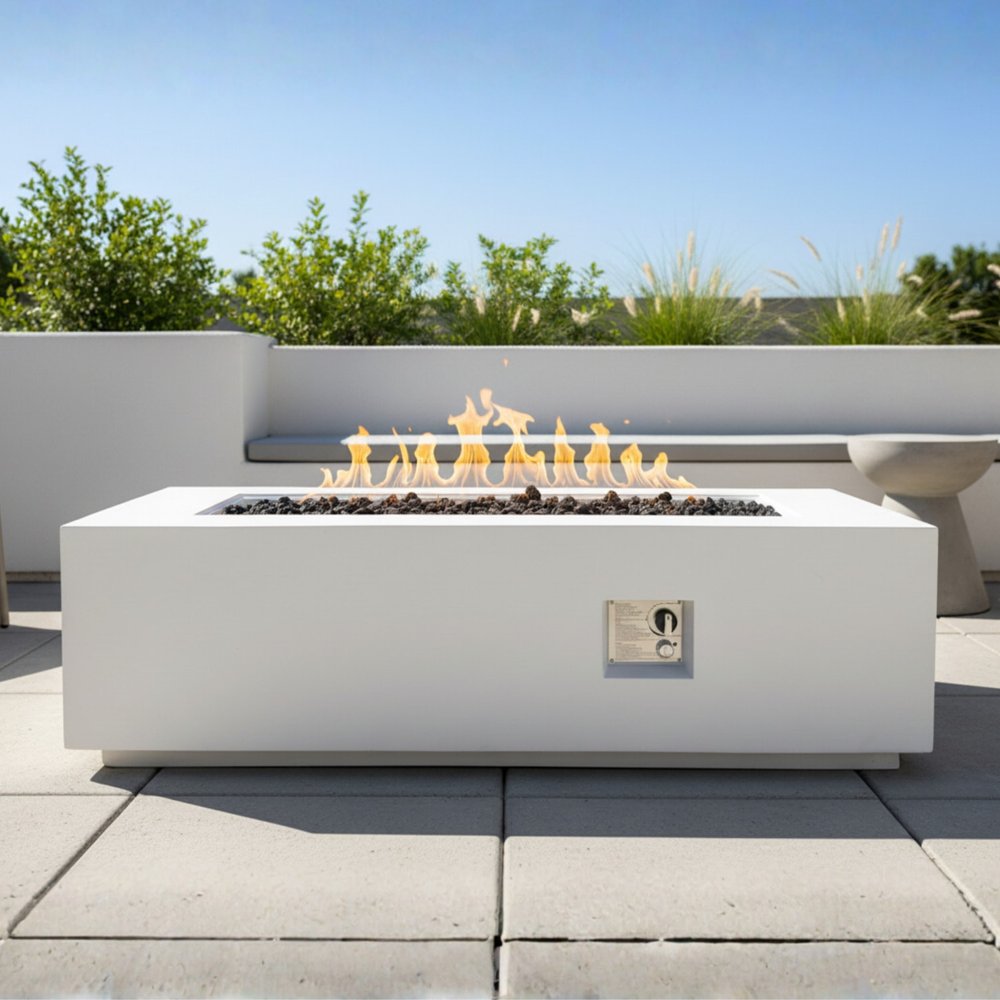 60000 BTU 60" White Magnesium Oxide Propane Rectangular Fire Pit Table With Cover