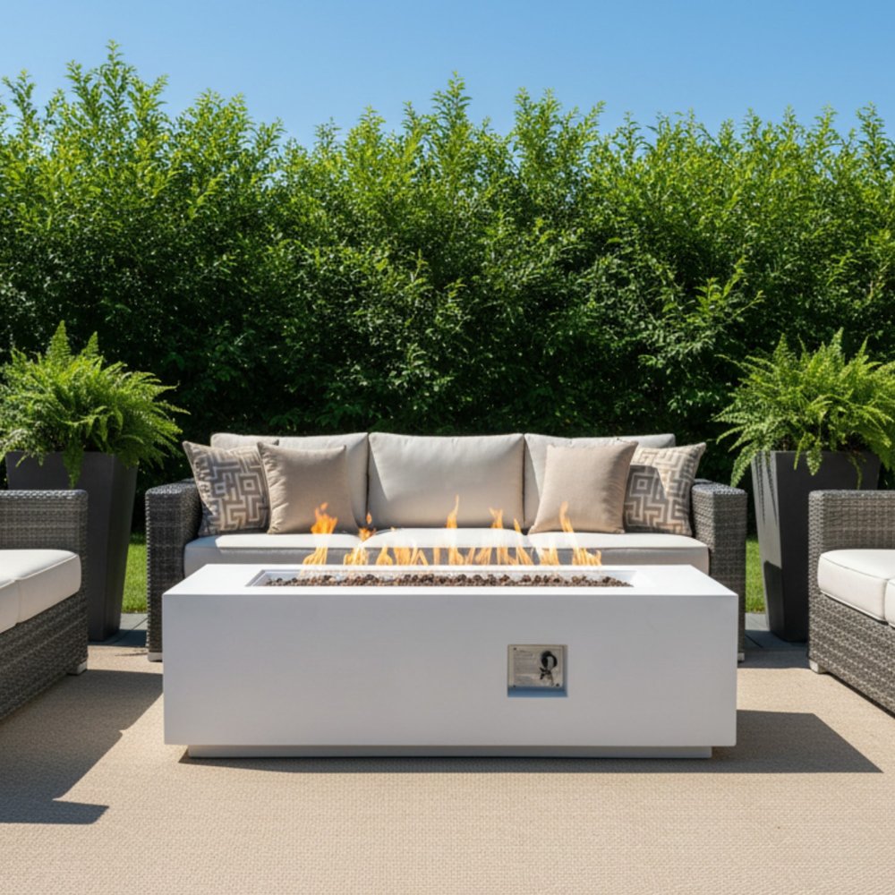 60000 BTU 60" White Magnesium Oxide Propane Rectangular Fire Pit Table With Cover