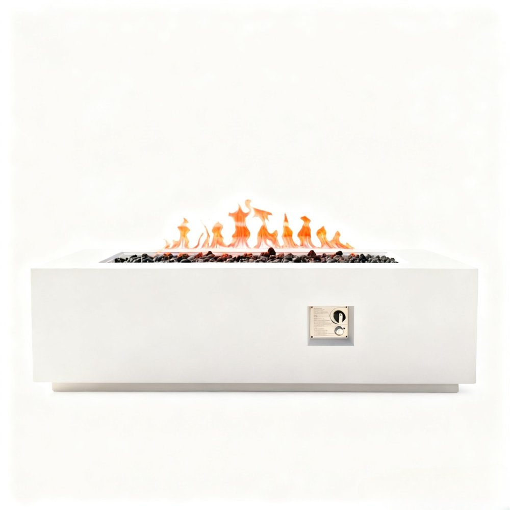 60000 BTU 60" White Magnesium Oxide Propane Rectangular Fire Pit Table With Cover