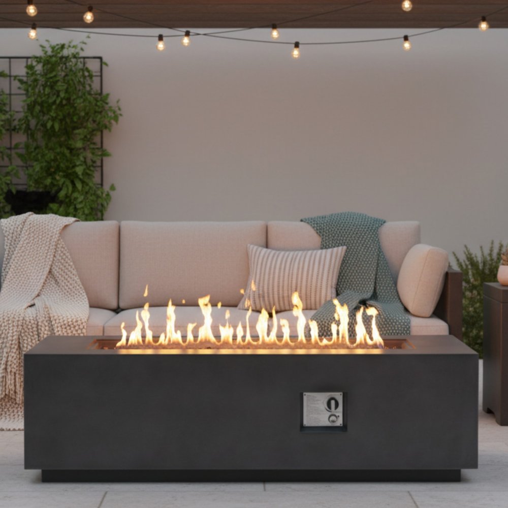 60000 BTU 60" Black Magnesium Oxide Propane Rectangular Fire Pit Table With Cover