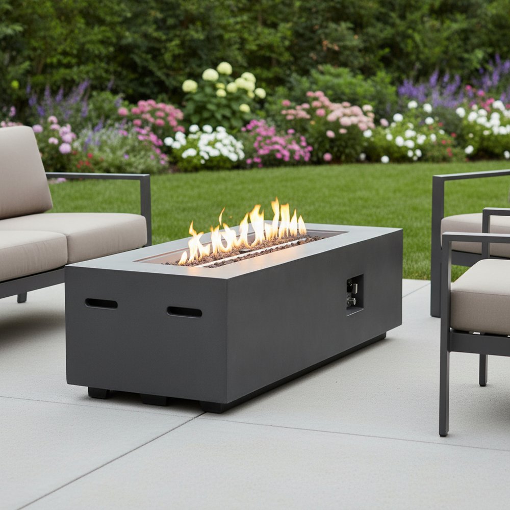 60000 BTU 60" Black Magnesium Oxide Propane Rectangular Fire Pit Table With Cover