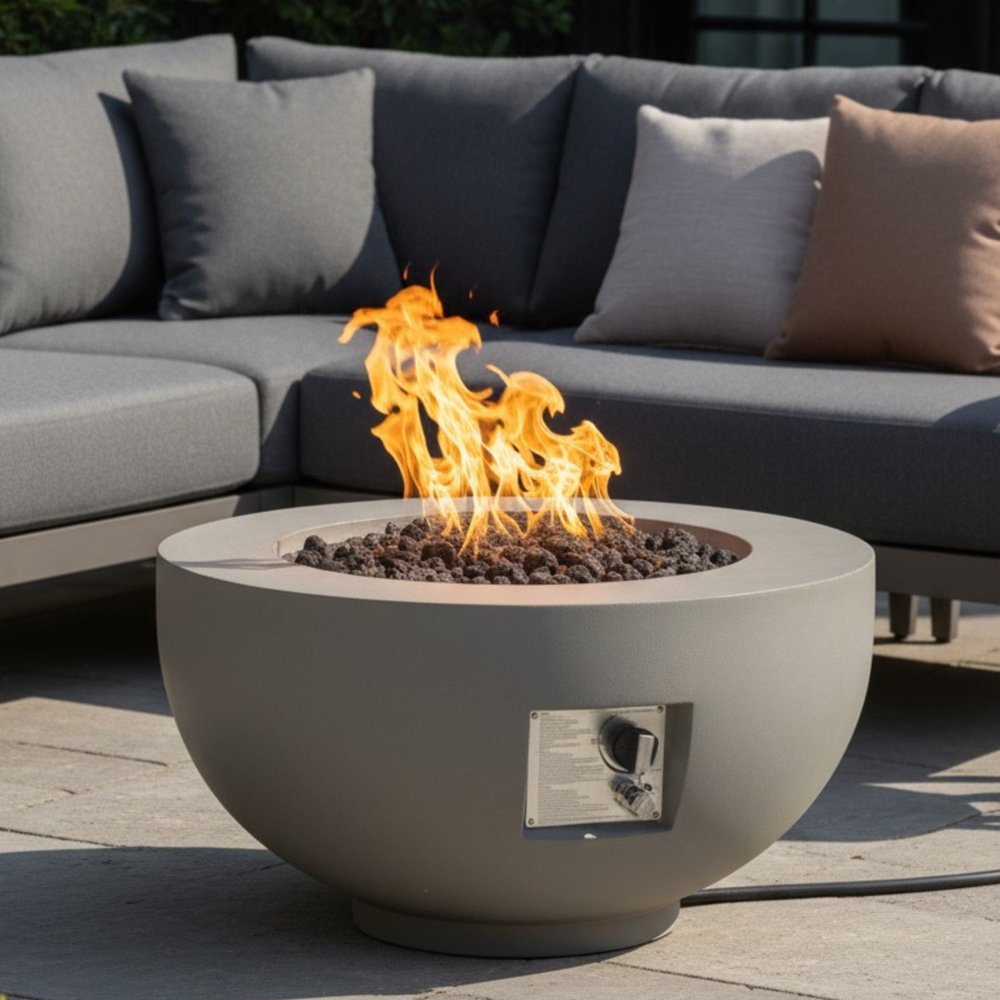 40000 BTU 28" Gray Magnesium Oxide Propane Round Fire Pit Table With Cover