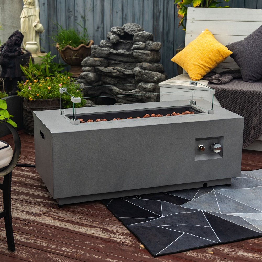 50000 BTU 42" Gray Steel Propane Rectangular Fire Pit Table With Cover