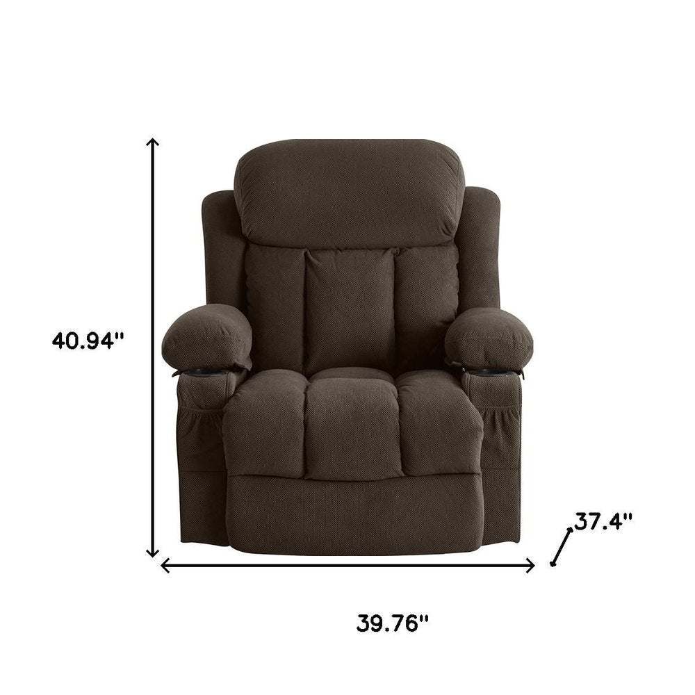40" Brown Tufted Polyester Blend Heated Massage Swivel Rocker Recliner With USB