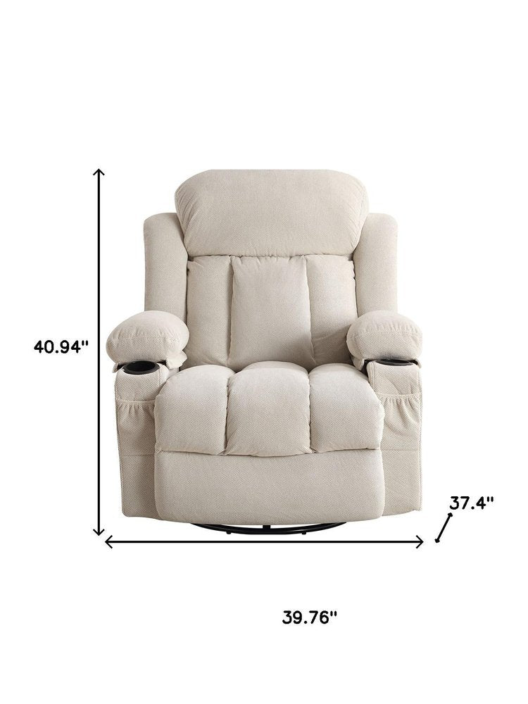 40" Beige Tufted Polyester Blend Heated Massage Swivel Rocker Recliner With USB
