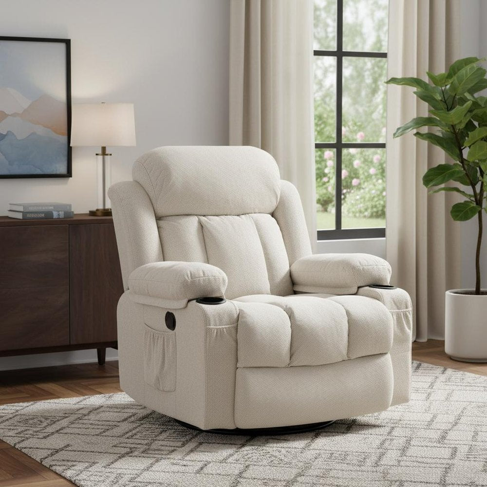 40" Beige Tufted Polyester Blend Heated Massage Swivel Rocker Recliner With USB