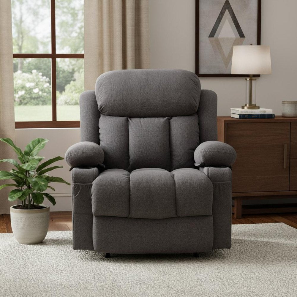 40" Gray Tufted Polyester Blend Heated Massage Swivel Rocker Recliner With USB