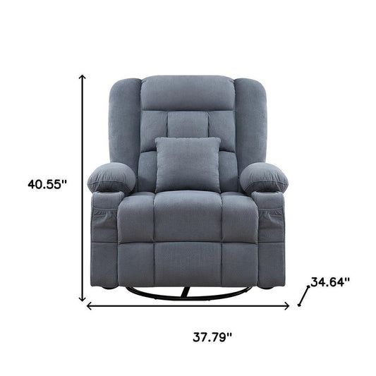 38" Blue Tufted Cotton Blend Heated Massage Manual Swivel Recliner With USB