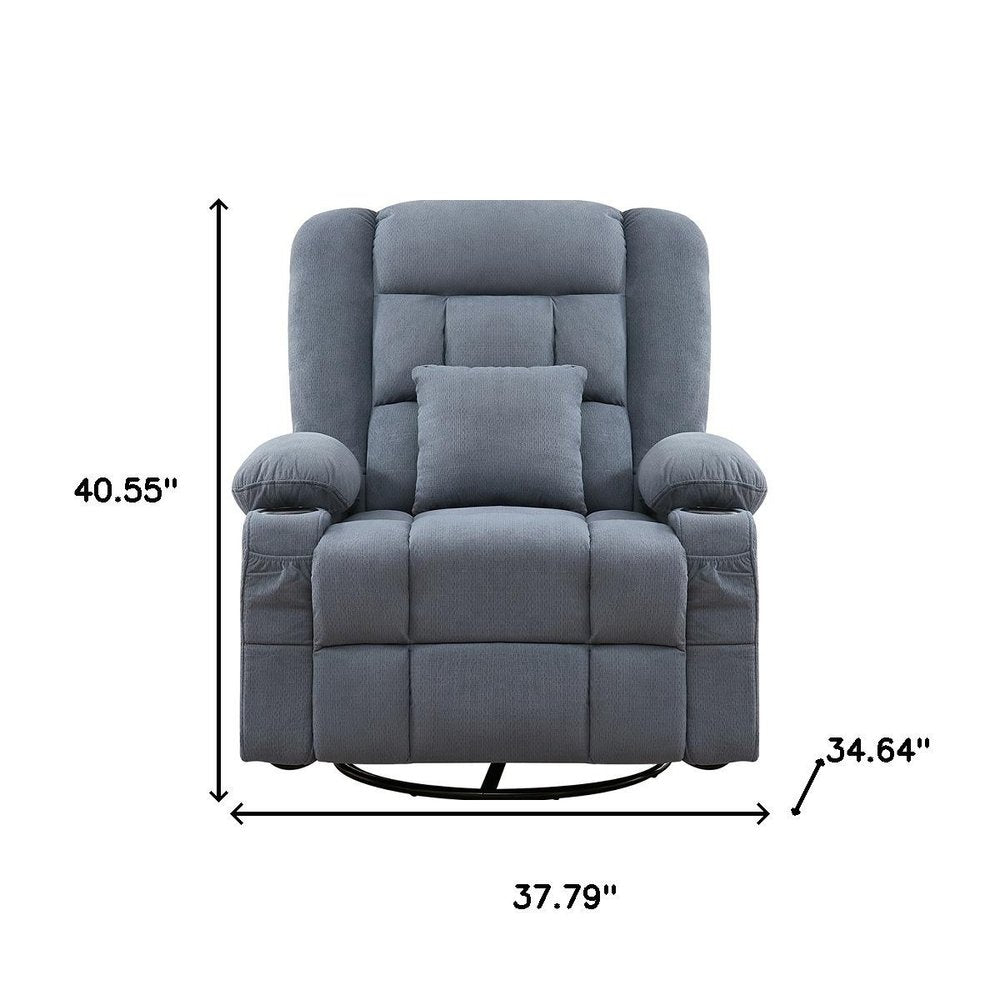 38" Blue Tufted Cotton Blend Heated Massage Manual Swivel Recliner With USB