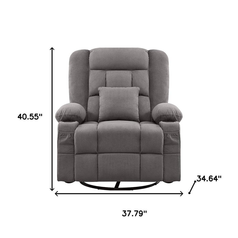 38" Gray Tufted Polyester Blend Heated Massage Swivel Rocker Recliner With USB