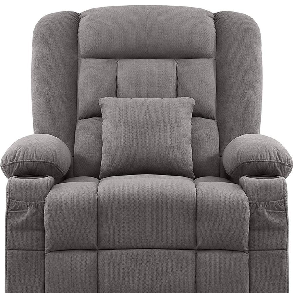 38" Gray Tufted Polyester Blend Heated Massage Swivel Rocker Recliner With USB
