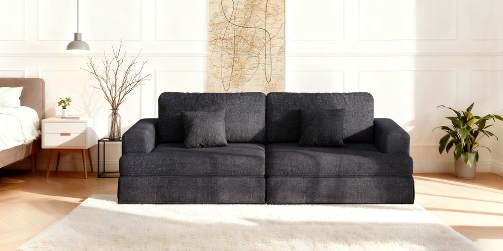 94" Gray Chenille Modular Stainless Steel Sleeper Sofa With Toss Pillows