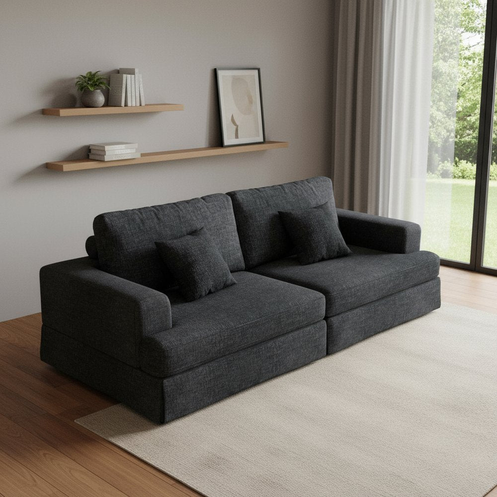 94" Gray Chenille Modular Stainless Steel Sleeper Sofa With Toss Pillows