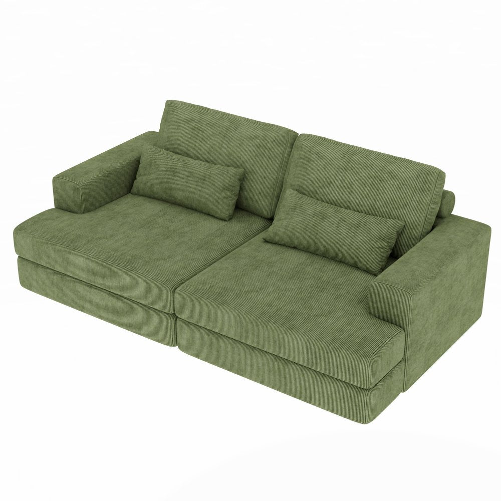 93" Green Corduroy Modular Stainless Steel Sleeper Sofa With Toss Pillows