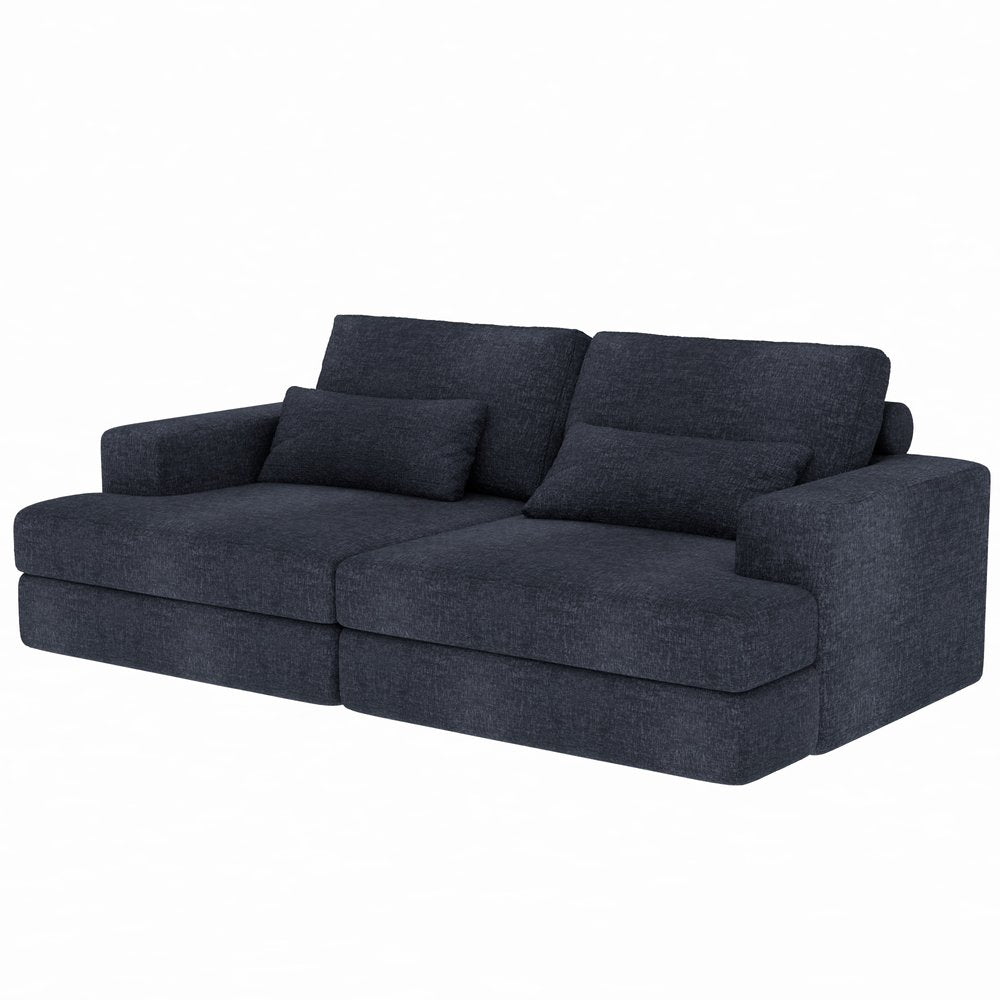 93" Blue Chenille Modular Stainless Steel Sleeper Sofa With Toss Pillows