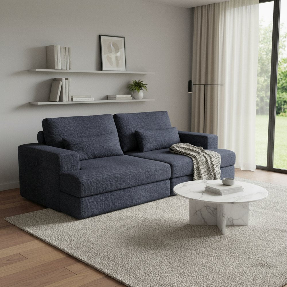 93" Blue Chenille Modular Stainless Steel Sleeper Sofa With Toss Pillows