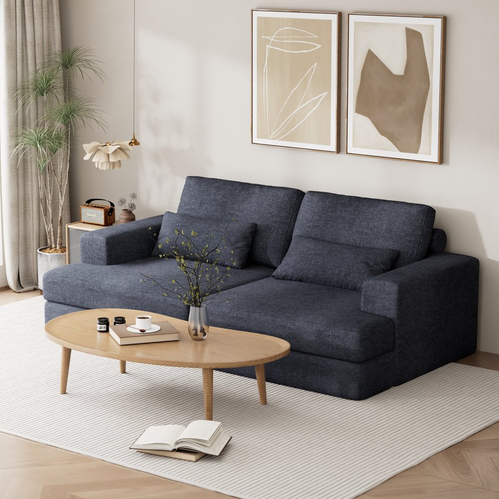 93" Blue Chenille Modular Stainless Steel Sleeper Sofa With Toss Pillows